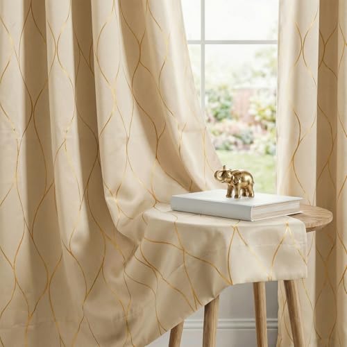 Image of Urban Space 80-85% True Blackout Curtains for Long Door, Gold Foil Printed Blackout Curtains, Blackout Decorative Door Curtain Eyelet with Tieback, 1 Piece Curtain for Living Room(Wave Beige, 8 Feet)