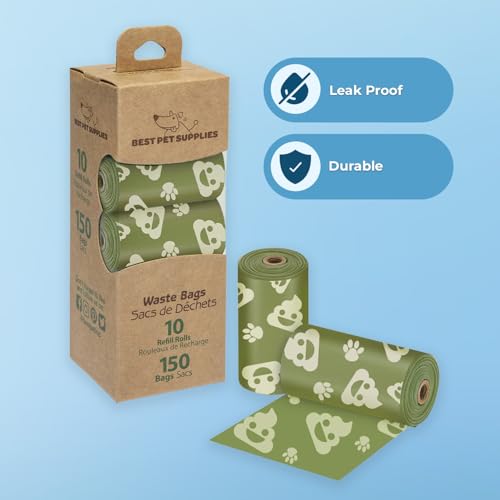 Image of Best Pet Supplies Dog Poop Bags for Waste Refuse Cleanup, Doggy Roll Replacements for Outdoor Puppy Walking and Travel, Leak Proof and Tear Resistant, Thick Plastic - Green with Poop Emoji, 150 Bags