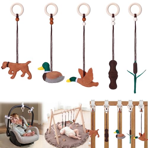 Simgoing 5 Pcs Baby Gym Hanging Toys Baby Wooden Felt Sensory Toys Wooden Activity Pendant for Home Nursery Decoration