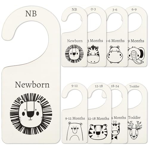 Whaline 8Pcs Wooden Baby Closet Dividers Jungle Animal Theme Hanging Baby Closet Organizer Double-Sided Newborn to 24 Months Thicken Baby Wardrobe Organizer for Home Nursery