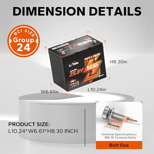 Image of LiTime 24V 50Ah LiFePO4 Deep Cycle Battery, Bluetooth 5.0, Low-Temp Cutoff Protection, Built-in 50A BMS | 4000+ Cycles@100% DOD, Group 24 | Perfect for Trolling Motors, Yacht, Boat, RVs(3 Pack)