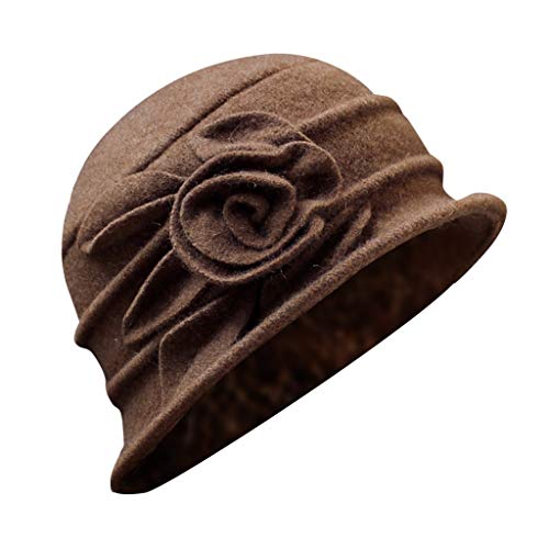 UnoSheng Günstige Mützen Damen Wolle Winter Flower Cloche Vintage-Eimer eleganter Damenhut Mütze Minikuchen Backform Rund Cap (Coffee, One Size)