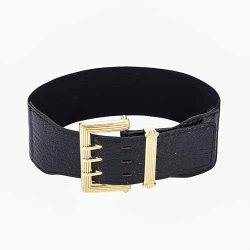 Wide Elastic Waist Belt for Women Ladies Black Crocodile Pattern with Gold Buckle Stretchy Cinch Belt for Dress3