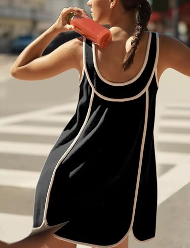 Image of Megfie Womens Casual Summer Dress Pleated Sleeveless Crewneck Tank Dress Loose Sundress Athletic Mini Dress(0865-Black-L)