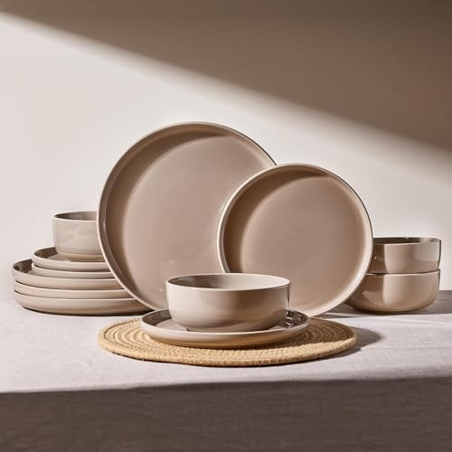 Richmount Milkyway Geschirrset,12-teiliges teller set,Steingut Geschirr Set für 4 mit Speiseteller, Dessertteller, Müslischalen, Mikrowellen & Spülmaschinenfest, Zimtbraun