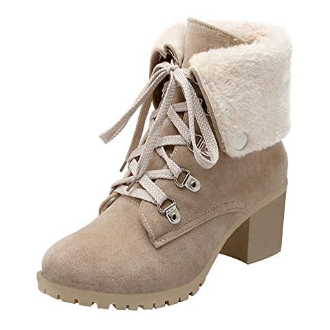LUXMAX Women Lace Up Fold Over Ankle Boots Block Heel Winter Warm Booties, Size 7 M US,Beige1 Cover