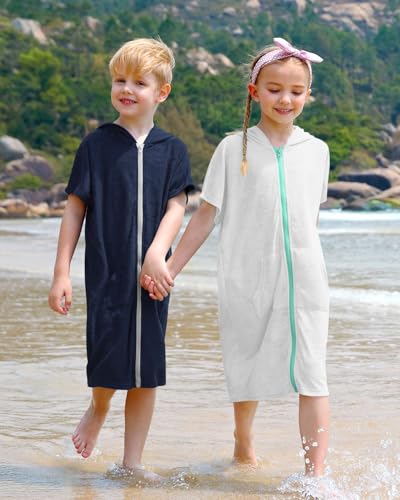 Image of BesserBay Unisex Kids Terry Cloth Swim Cover Up Zip Up Hooded Bathrobe with Pockets 3-14 Years