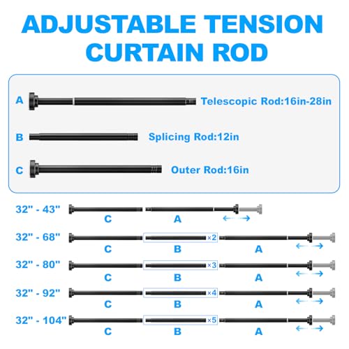 Image of TEECK Shower Curtain Rod, 32-43 inch Adjustable Spring Tension Curtain Rod, Never Rust Anti-Slip Shower Curtain Rod for Bathroom, No Drilling, Never Collapse, Easy to Use, Black
