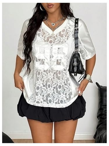 MakeMeChic Women's Jersey Shirts Lace Sheer Top V Neck Letter Graphic Oversized Tee Top4