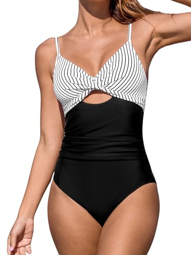 CUPSHE Women's One Piece Swimsuit V Neck Bathing Suit Twist Ruched Front Keyhole Back Cutout Back Hook, M Black/White/Stripe