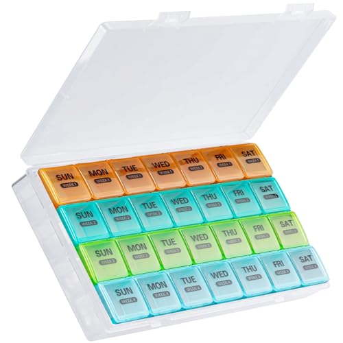 Monthly Pill Organizer, 28 Day Pill Box 1 Time a Day with Dust-Proof Case, Large 4 Weeks a Month Pill Case Container, Daily Vitamin Case Box for Pills/Medicine/Fish Oil/Supplements（Clear Colorful）