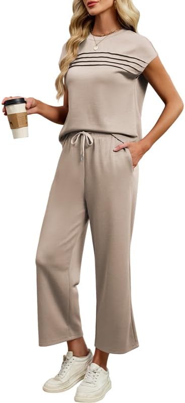 Womens Two Piece Sets Summer Outfits Matching Lounge Sets Vacation Travel Outfits Casual Tops Wide Leg Pants Sets