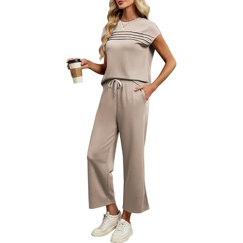 Womens Two Piece Sets Summer Outfits Matching Lounge Sets Vacation Travel Outfits Casual Tops Wide Leg Pants Sets
