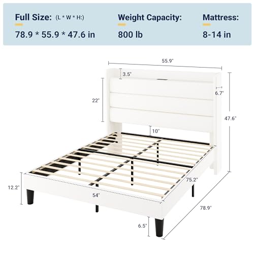 Image of Allewie Full Size Upholstered Bed Frame with Charging Station, White