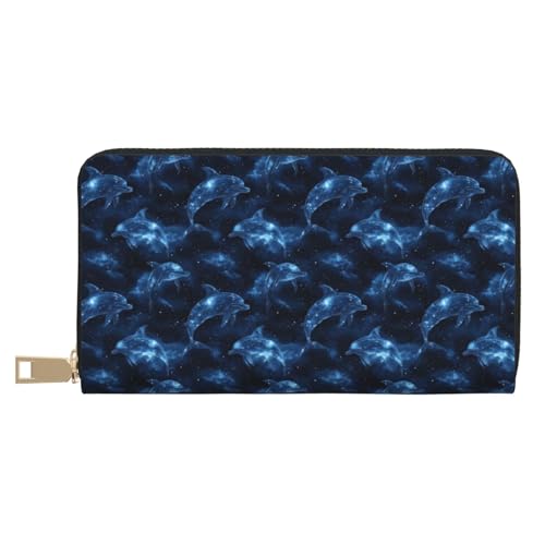 Starry Blue Dolphins Print Wallet Women Men, Long PU Leather Wallets for Women, Cute Womens Travel Wallet Purse Pouch with Zipper Pocket