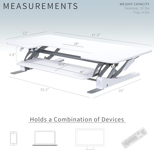 Image of VIVO White 48 inch Standing Desk Converter, DESK-V048VW | Extra Large, Height Adjustable, Stand Up Desk Riser, Wide Keyboard Tray, Dual Monitor and Laptop Workstation, V Series
