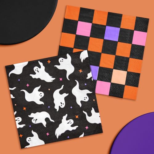 xo, Fetti Servilletas de papel para Halloween, 50 unidades, 2 diseños, vajilla fantasma, vajilla a cuadros, decoración espeluznante, suministros de fiesta para niños