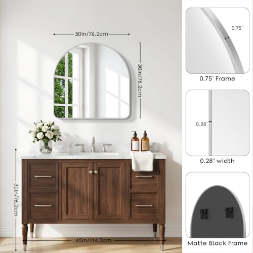 Image of BONEWEI Arched Wall Mirror,30x30 inch Silver Arched Mirror Bathroom,Large Vanity Mirror for Over Sink Metal Frame,Tempered Glass Arch Mirrors for Bedroom,Entryway,Living Room,Home Decor Shatter-Proof