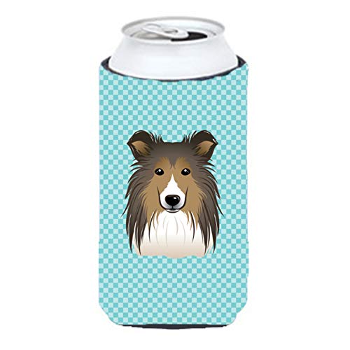 Caroline's Treasures BB1180TBC Checkerboard Blue Sheltie Tall Boy Hugger Can Cooler Sleeve Hugger Machine Washable Drink Sleeve Hugger Collapsible Insulator Beverage Insulated Holder