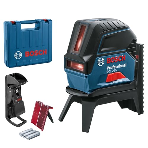 Bosch Professional laser ligne en croix GCL 2-15 (laser rouge, avec points d’aplomb, portée : 15 m, 3 piles AA, support rotatif RM 1, cible laser, housse de protection, étui de Transport)