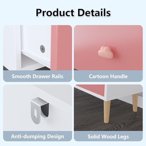 Image of 3-Drawer Chest of Drawers with Colorful Cartoon Handles, Anti-Dumping White Dresser with Solid Wood Legs,Storage Cabinet for Living Room, Closet, Apartment