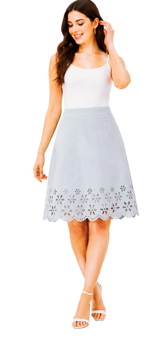 Women's A-Line Knee Length Skirt | Light Blue Faux Suede | Floral Laser Cut Hem | High Waist | Casual & Office Wear-picture-16