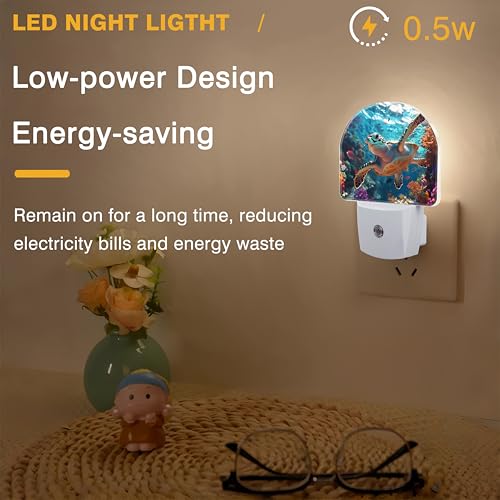 Image of Night Lights Plug into Wall Sea Turtle Swimming in Ocean Night Light Dusk to Dawn Smart Sensor Decorative Round Led Lamp for Bedroom Kitchen Hallway Nightlight for Women Men