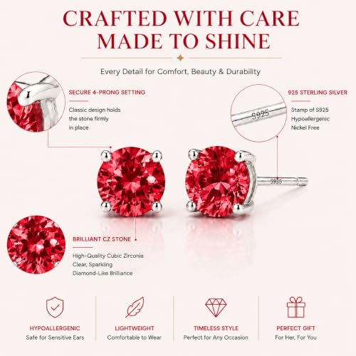 925 Sterling Silver Red CZ Stud Earrings for Women Birthstone Jewelry - image 4