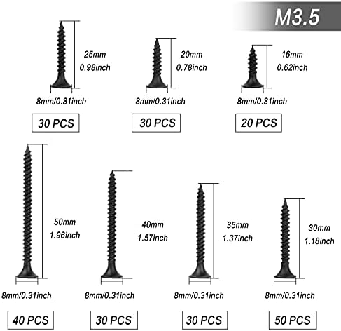 230Pcs M3.5 Self Tapping Screw Set Countersunk Drywall Screws Black Screw Flat Head Self Tapping Screw with a Storage Box for Plastic Wood Soft Metal (7 Sizes)