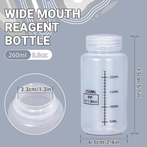 UMETASS 8.8oz/260ml Wide Mouth Plastic Bottles with Airtight Lids, Graduated Food Grade Leak Proof PP Containers Jars for Water Sample Lab Reagent Liquid Medicine Storage (Transparent, 2 Pcs)