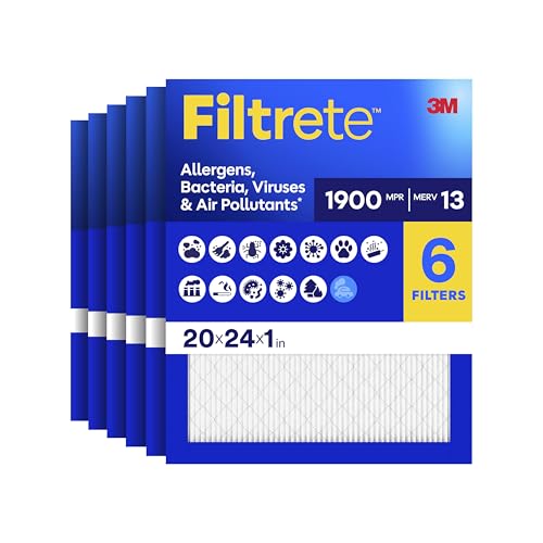 Image of Filtrete 20x24x1 Air Filter, MERV 13 MPR 1900, Allergens, Bacteria, Viruses & Air Pollutants, 3-Month AC /Furnace Filters, Cleaner Air Reliable Airflow, 6 HVAC Filters(Act Size 19.81x23.81x0.78 in)
