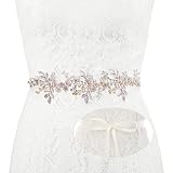Coloch Gold Bridal Belt Sash with Beige Ribbon, Rhinestone Wedding Belt Adjustable Flower Headband D