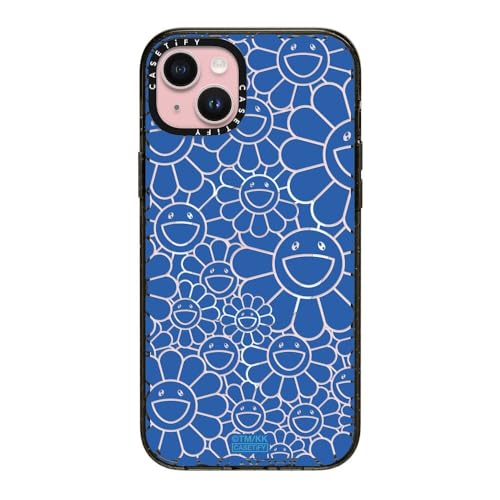 CASETiFY �C���p�N�g iPhone 15 Plus �P�[�X [Takashi Murakami Co-lab/MagSafe�Ή�/���^ �y��/�ϏՌ�] - MULTI-FLOWERS (BLUE) - �u���b�N