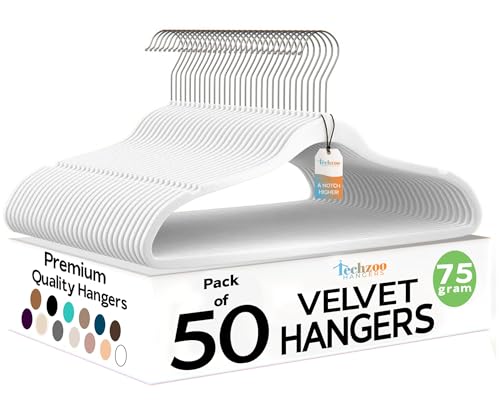 Image of Techzoo Premium Velvet Hangers 50 Pack Ultra Thin Non Slip Adult Felt Space Saving Slim Suit Hanger for Closet Heavy Duty Coat Pants Jackets Dress Hangers 360 Swivel Hook Hold Upto 10 lbs White