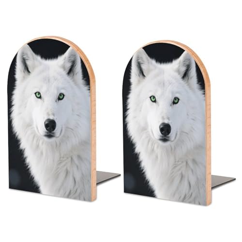 Sujetalibros de lobo blanco de madera y base de metal, organizador antideslizante de 1 par 2