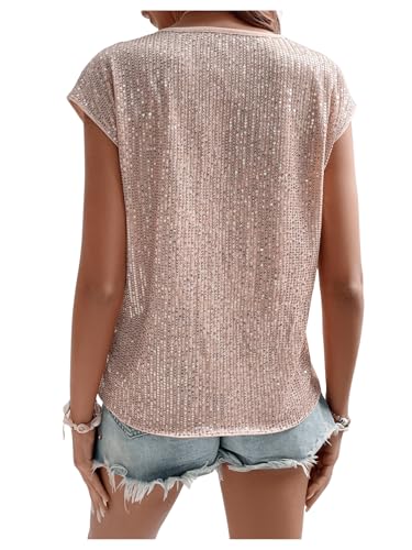 SweatyRocks Women's Round Neck Glitter Sequins Shirts Top Casual Cap Sleeve Party Tee Tops2
