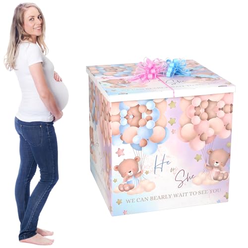 AmazingSpark 28in Jumbo Gender Reveal Gift Box Kit with Oversized Box Giant Pull Bows for Gender Reveal Baby Shower Birthday Party Decor (Boho Teddy Bear)