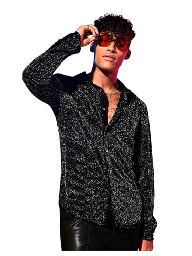 Floerns Men's Button Front Long Sleeve Glitter Lapel Collar Streetwear Shirt
