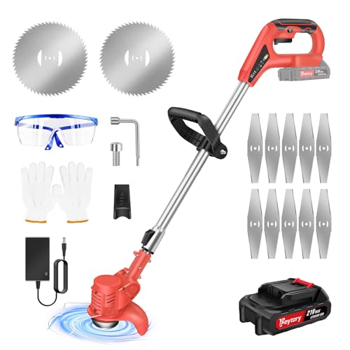 21V Strimmer Cordless, Telescopic Lightweight Portable Grass Trimmer with 10 x Metal Blades, 1500mAh Battery, 90° Adjustable Cutting Head Electric Garden Strimmer Brush Cutter for Lawn Edger Pruning