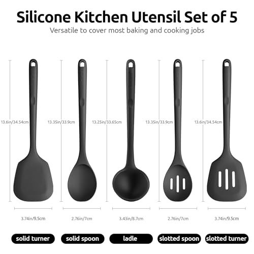 13.6" Silicone Kitchen Utensil Set: U-Taste 600℉ Heat Resistant Cooking Gadgets, BPA Free Dishwasher Safe Solid & Slotted Turner and Spoon, Soup Ladle for Non-Stick Cookware(Set of 5, Black) - Image 3