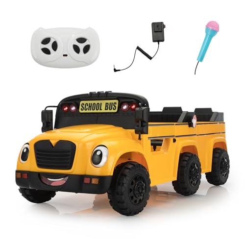 TOBBI 2 Seater Kids Eletric Ride on School Bus Toy, 35W-4WD Battery Powered Car with Remote Control/6 Wheels/Horn/LED/Music for Toddlers 3-8 Years, Yellow