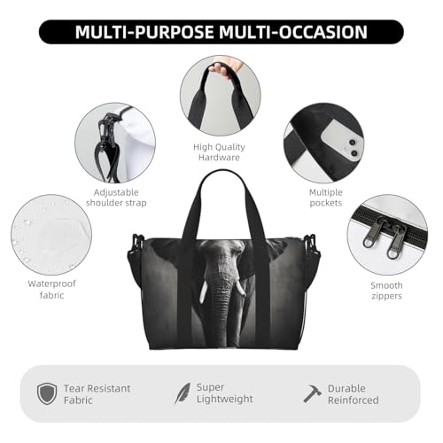 Black White Elephant Duffle Bag for Men Women Gym Bag with Shoes Compartment Travel Bags Lightweight Overnight Bags3