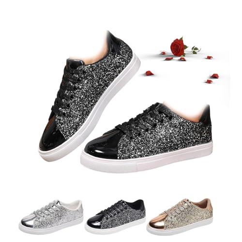 Glitter Sparkly Low Top Sequins Lace Up Tennis Shoes Shiny Orthopedic Walking Shoes Womens Bling Sequin Leather Non Slip Platform Sneakers Dressy Comfortable Sneakers for Women