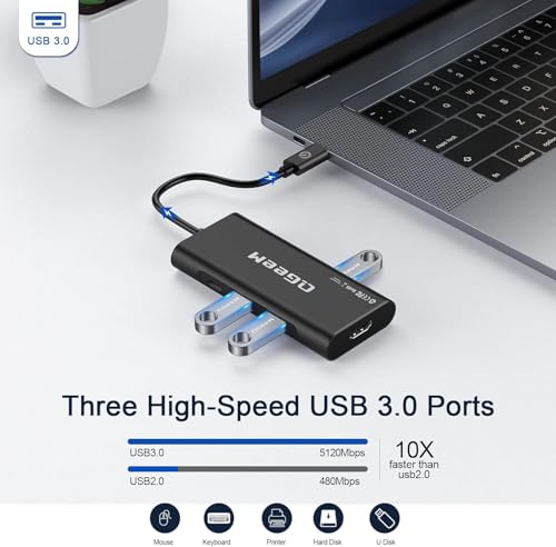 USB C Hub, QGeeM USB 4k to HDMI Adapter, 7 in 1 USB-C Dongle with 100W PD,USB 3.0, Card Reader, Compatible for MacBook iPhone 15/16 Ipad Pro max,Chromebook Laptop USB Type C Dock-Black