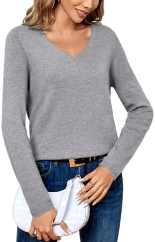 Berthmeer Women's Wool V Neck Wool Sweater Long Sleeve Pullover Loose Jumper Winter Knitwear Gray