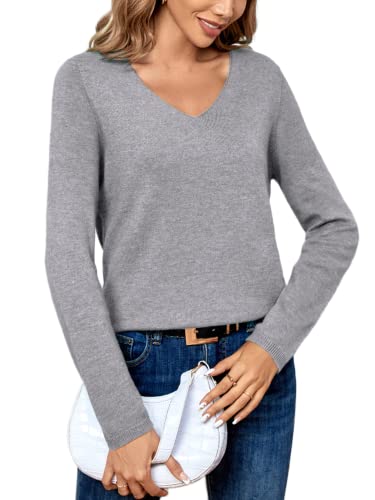 Berthmeer Women's Wool V Neck Wool Sweater Long Sleeve Pullover Loose Jumper Winter Knitwear Gray #TOP1
