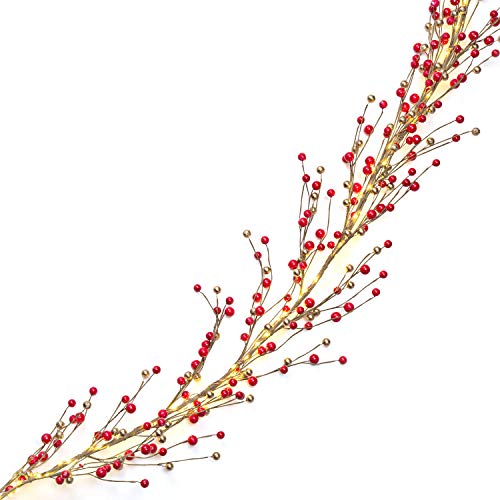 Red Berry Garland With Lights - 6 Ft, Battery Operated, 100 Led Lights, Red And Gold Pip Berry Branch, Winter/Valentine Day Decor Or Wedding Decor #TOP3