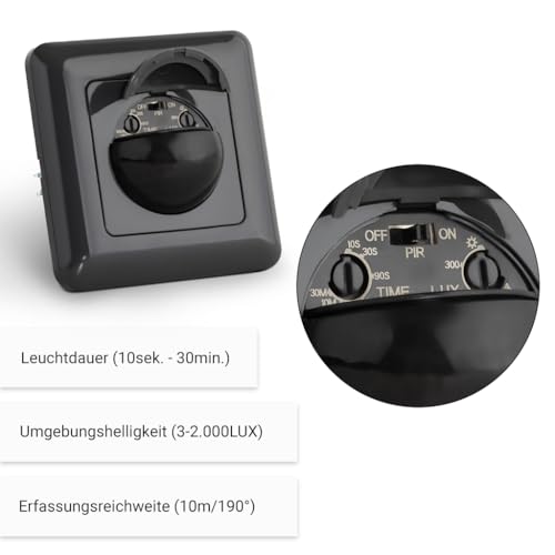 SEBSON Bewegungsmelder Innen Unterputz - LED geeignet, programmierbar, Wand Montage Einbau 60x49x32mm - Reichweite 10m/ 190°, Infrarot Sensor 3-Draht