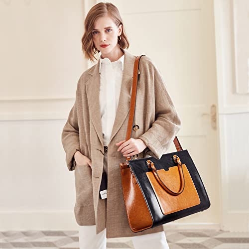 BROMEN Womens Briefcase Leather 15.6 inch Laptop Shoulder Bag Business Tote Handbag Black with Brown