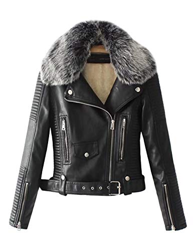 Lentta Women's Faux Fur Collar Pu Leather Fleece Lined Warm Quilted Moto Jacket (Medium, Black) #TOP14